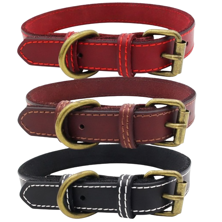Pure Cowhide Pet Training Collar with Brass Buckle in Red